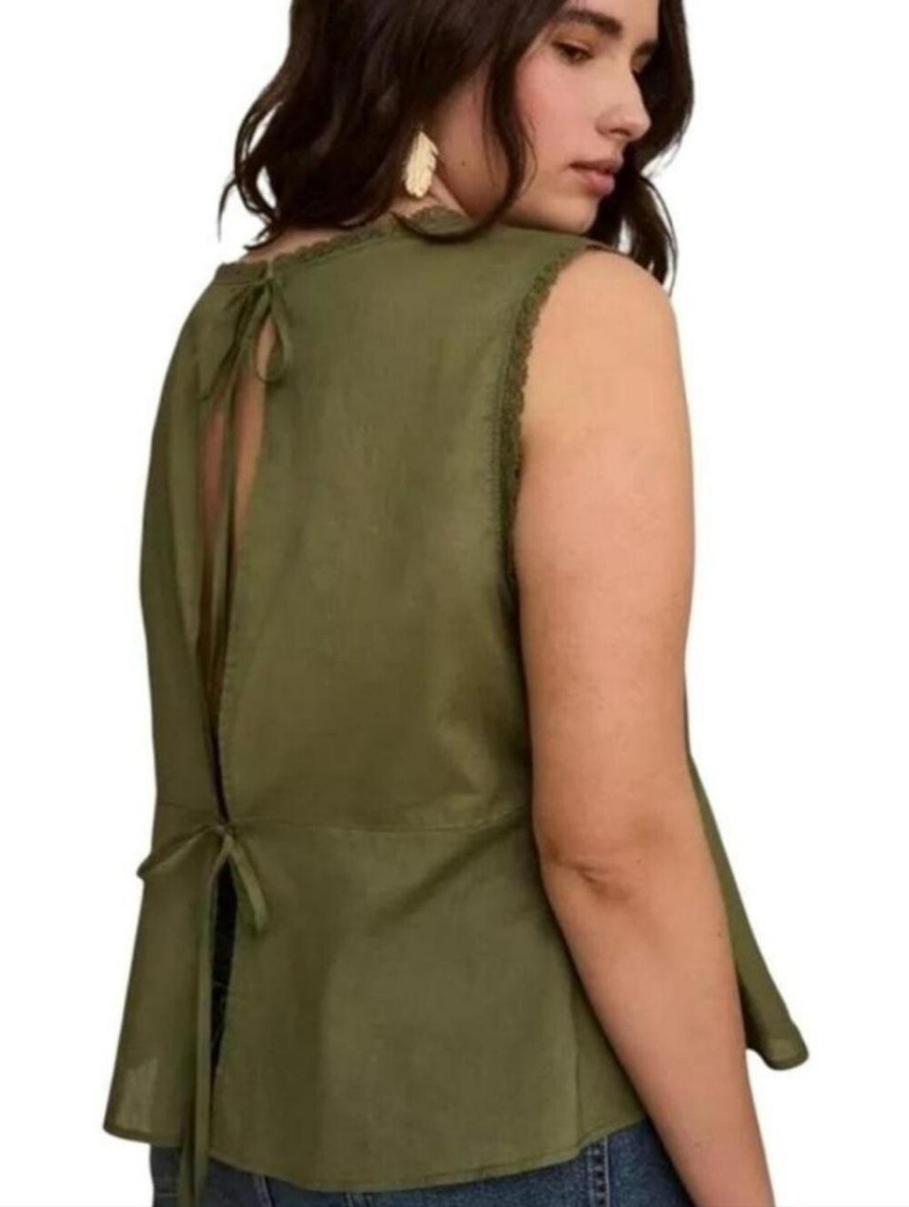 NWT Torrid FESTI Olive Green Lace Trim Tie Back Tank Top Size 12  Boho Cotton